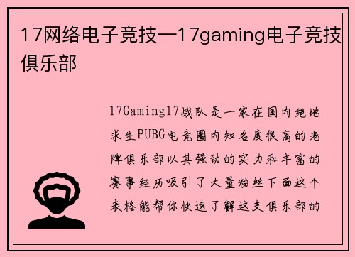 17网络电子竞技—17gaming电子竞技俱乐部